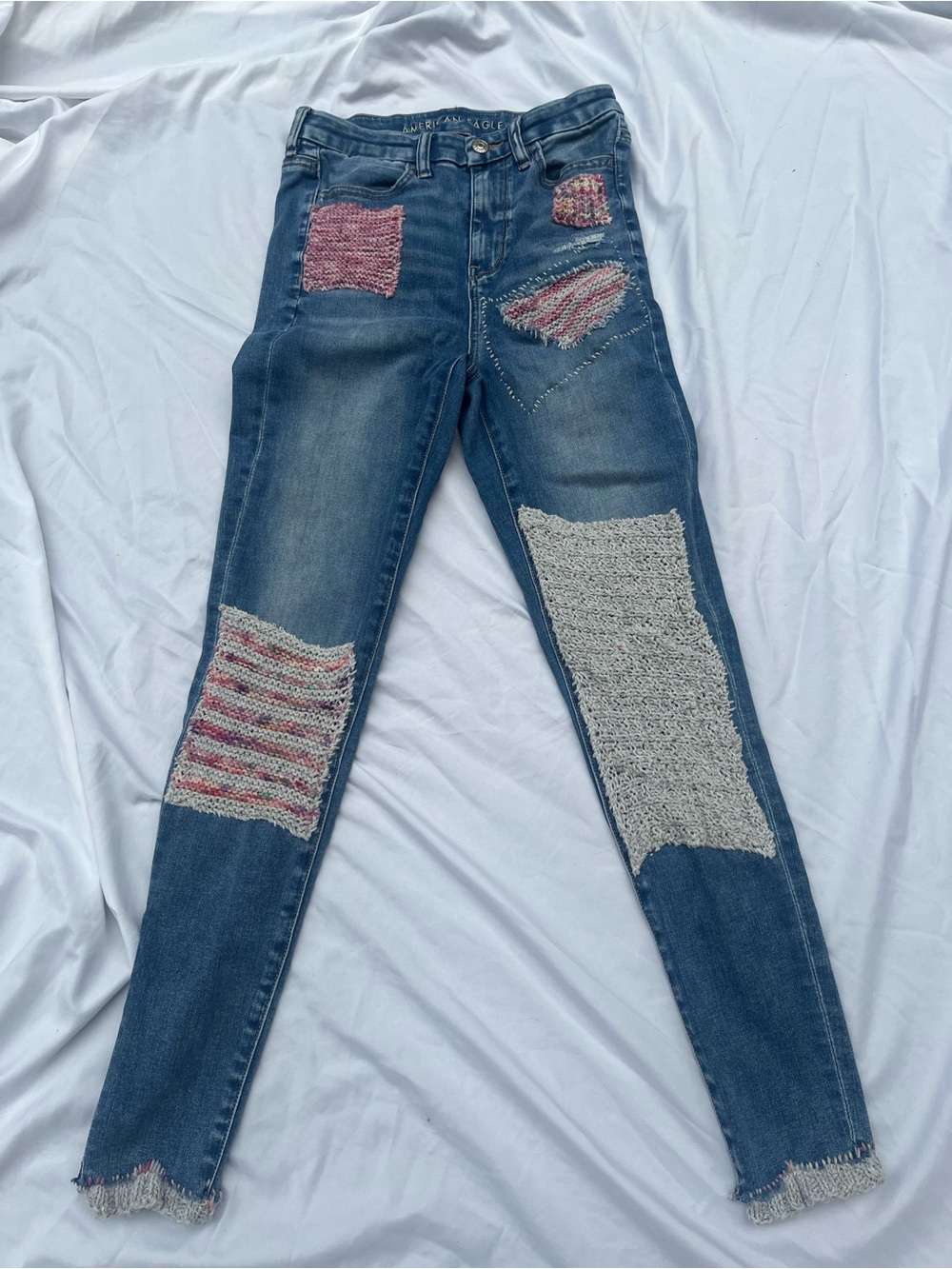 American Eagle OOAK patchwork jeans distressed skinny jeans, visibly mended